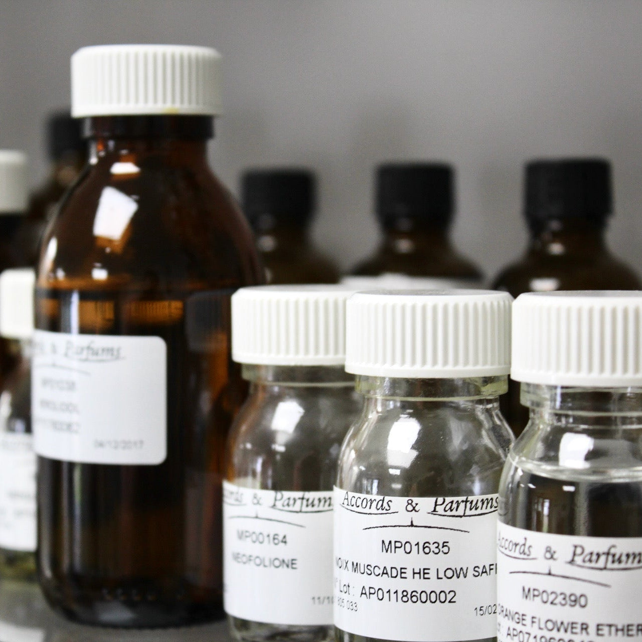 Fragrance raw materials stood on a glass shelf in front of a grey wall